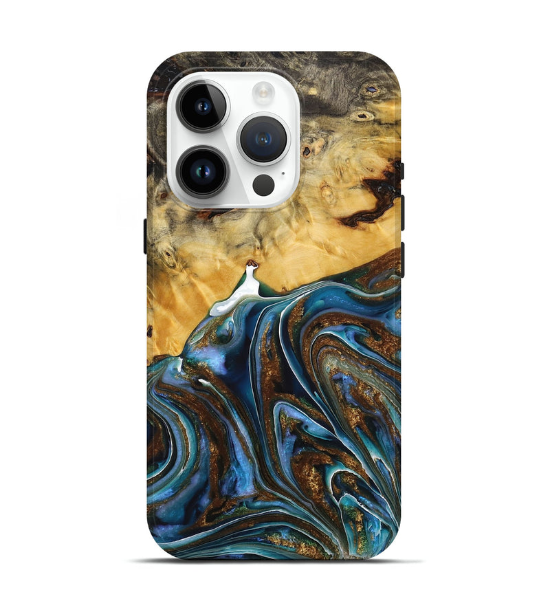 iPhone 15 Pro Wood+Resin Live Edge Phone Case - Aleah (Teal & Gold, 712315)