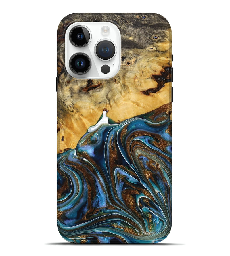 iPhone 15 Pro Max Wood+Resin Live Edge Phone Case - Aleah (Teal & Gold, 712315)