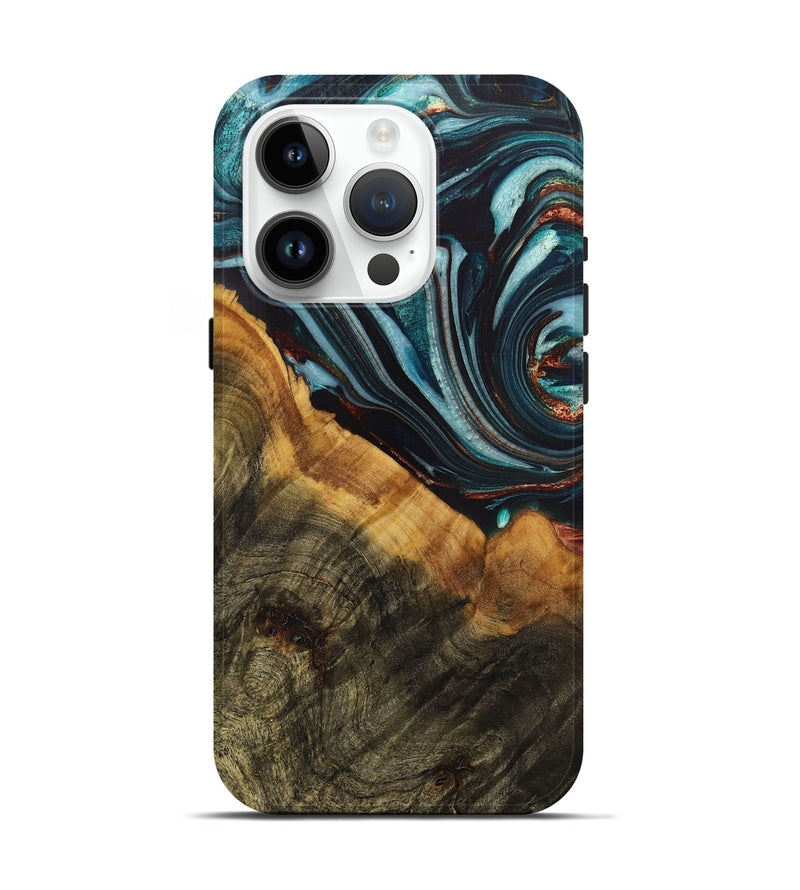 iPhone 15 Pro Wood+Resin Live Edge Phone Case - Armando (Teal & Gold, 712316)