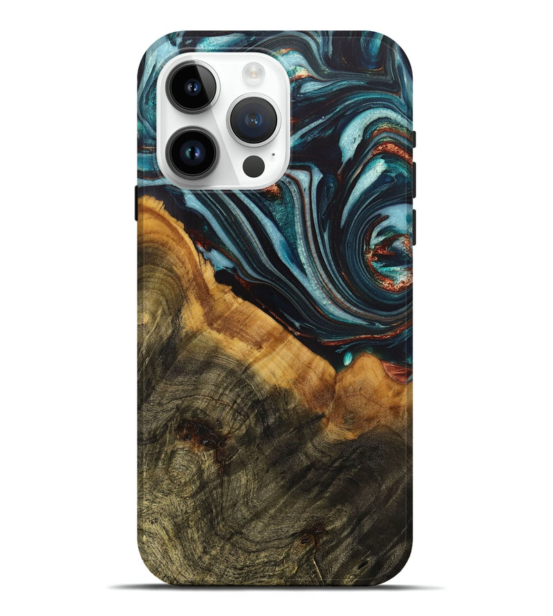 iPhone 15 Pro Max Wood+Resin Live Edge Phone Case - Armando (Teal & Gold, 712316)