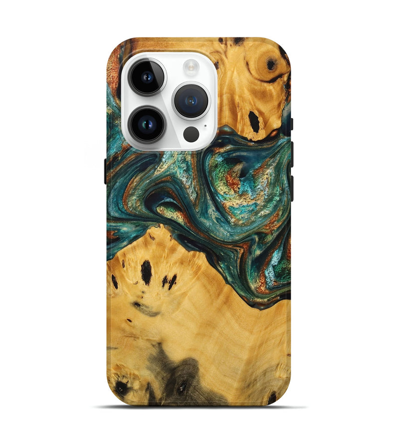 iPhone 15 Pro Wood+Resin Live Edge Phone Case - Martin (Teal & Gold, 712340)