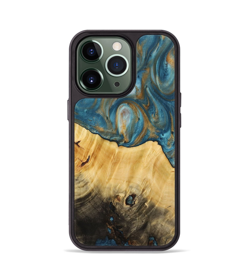 iPhone 13 Pro Wood+Resin Phone Case - Diane (Teal & Gold, 712342)