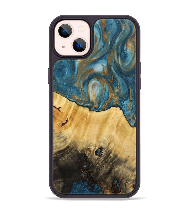iPhone 14 Plus Wood+Resin Phone Case - Diane (Teal & Gold, 712342)