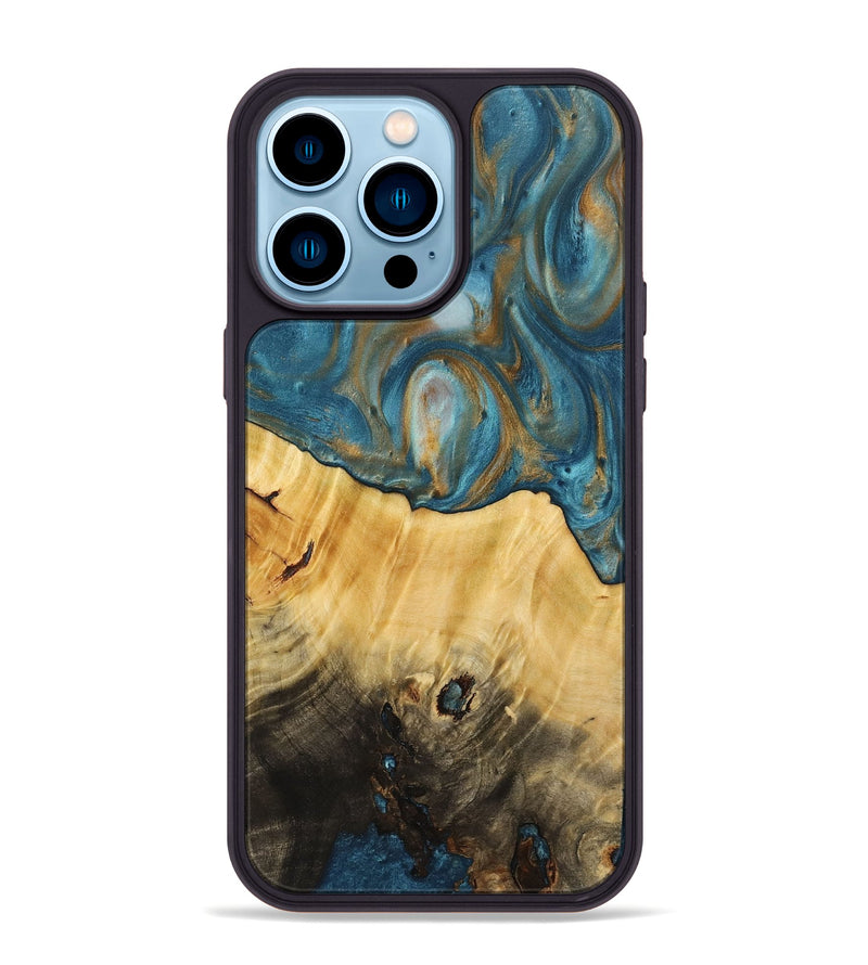 iPhone 14 Pro Max Wood+Resin Phone Case - Diane (Teal & Gold, 712342)