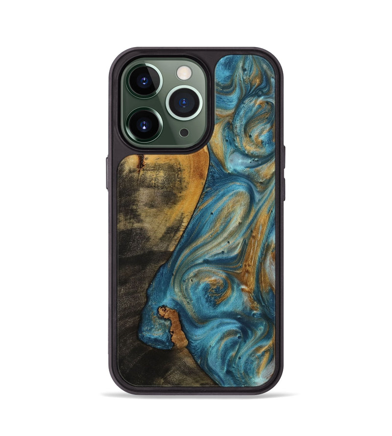iPhone 13 Pro Wood+Resin Phone Case - Isiah (Teal & Gold, 712343)