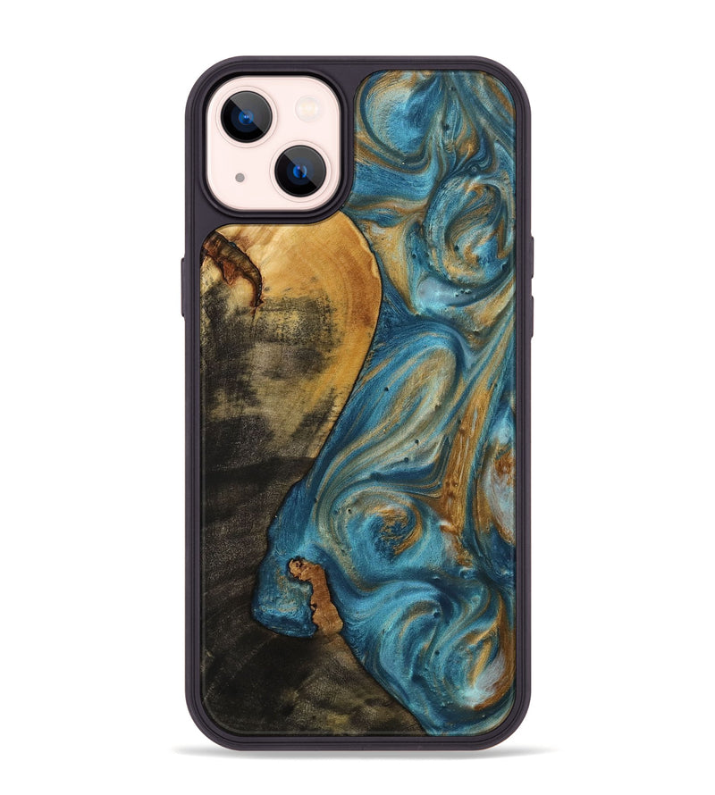 iPhone 14 Plus Wood+Resin Phone Case - Isiah (Teal & Gold, 712343)
