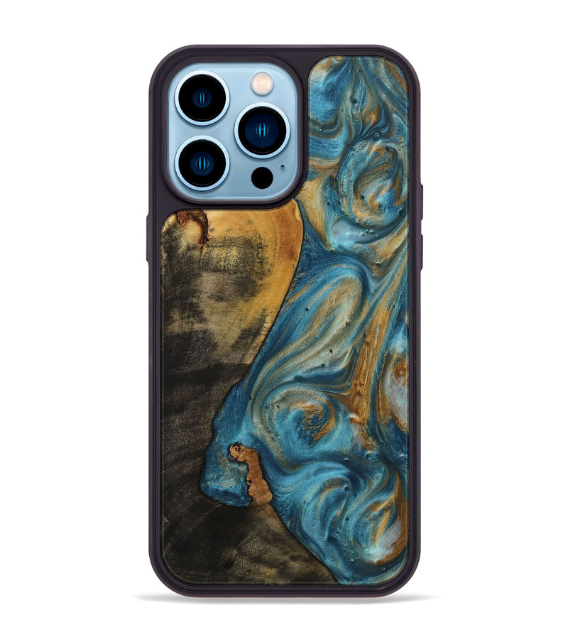 iPhone 14 Pro Max Wood+Resin Phone Case - Isiah (Teal & Gold, 712343)