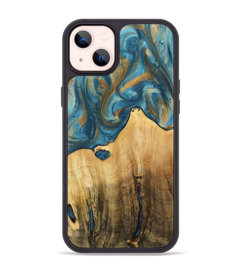 iPhone 14 Plus Wood+Resin Phone Case - Fredrick (Teal & Gold, 712344)