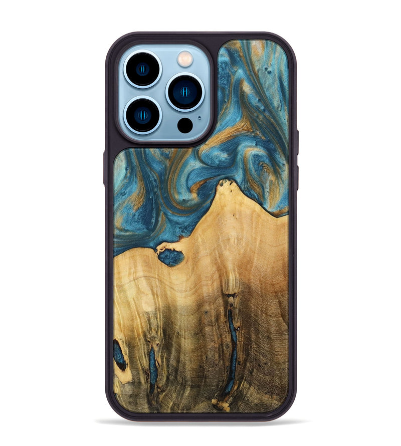 iPhone 14 Pro Max Wood+Resin Phone Case - Fredrick (Teal & Gold, 712344)
