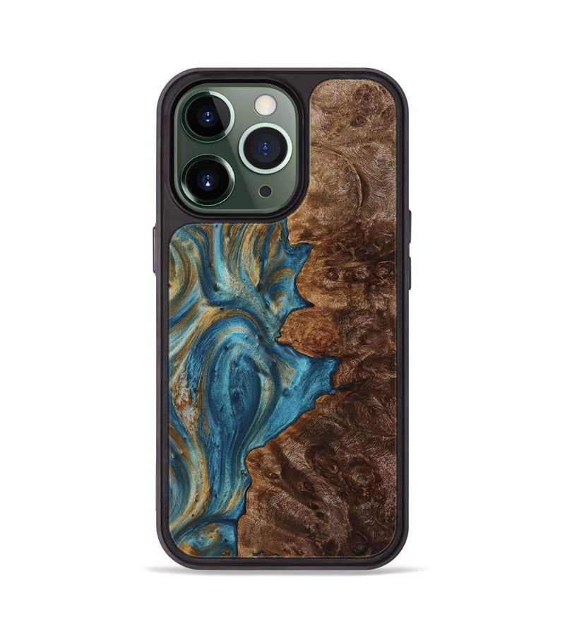 iPhone 13 Pro Wood+Resin Phone Case - Ashlee (Teal & Gold, 712345)