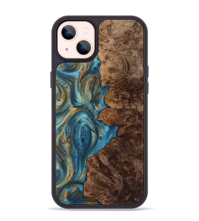 iPhone 14 Plus Wood+Resin Phone Case - Ashlee (Teal & Gold, 712345)