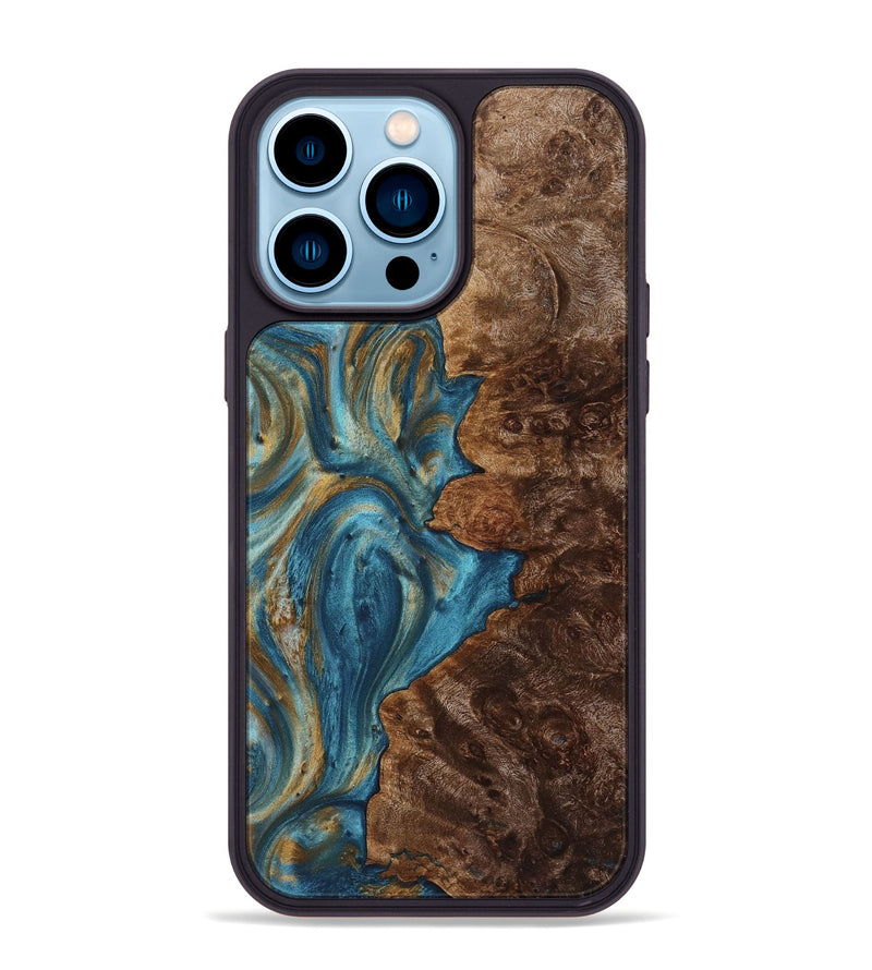 iPhone 14 Pro Max Wood+Resin Phone Case - Ashlee (Teal & Gold, 712345)
