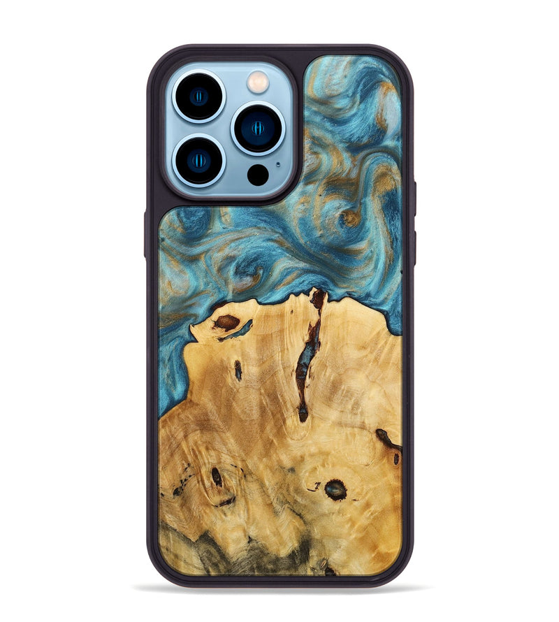 iPhone 14 Pro Max Wood+Resin Phone Case - Clay (Teal & Gold, 712346)