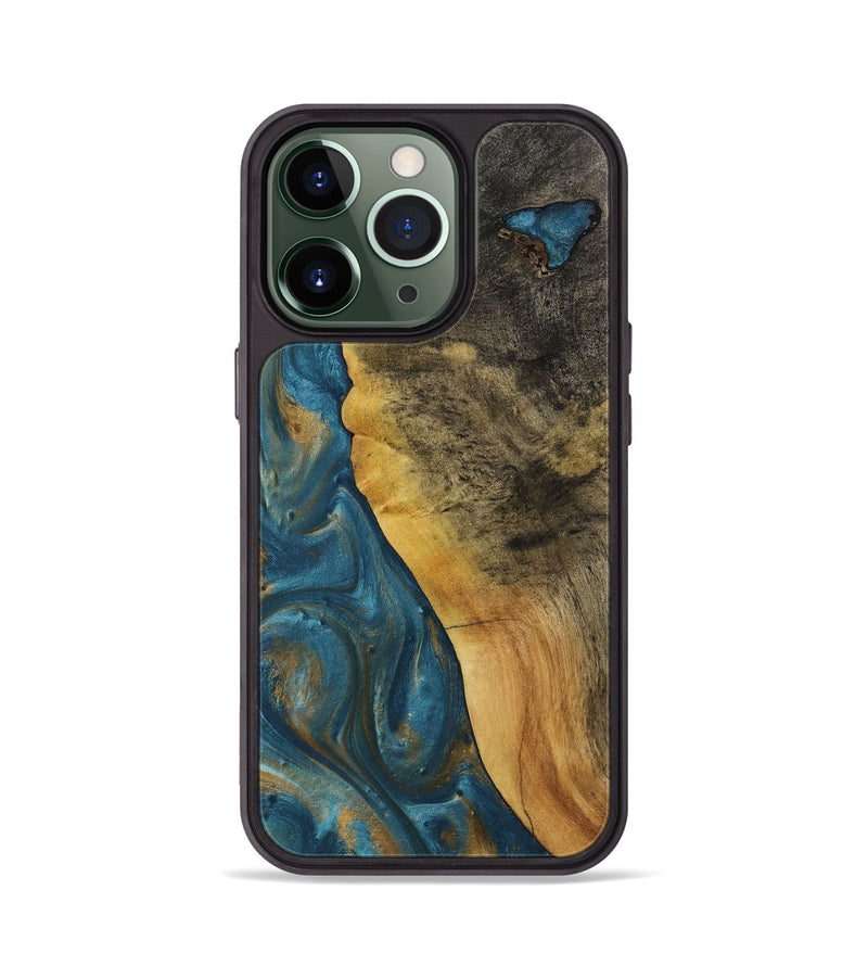 iPhone 13 Pro Wood+Resin Phone Case - Lela (Teal & Gold, 712347)