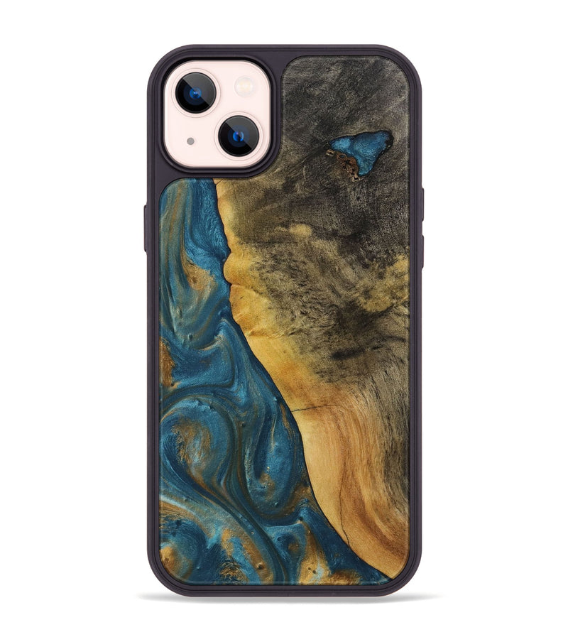 iPhone 14 Plus Wood+Resin Phone Case - Lela (Teal & Gold, 712347)