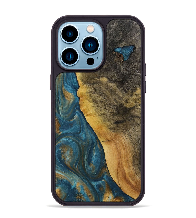iPhone 14 Pro Max Wood+Resin Phone Case - Lela (Teal & Gold, 712347)