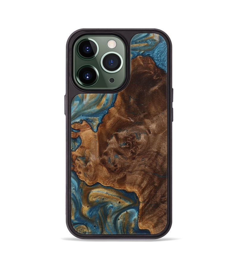 iPhone 13 Pro Wood+Resin Phone Case - Kay (Teal & Gold, 712348)