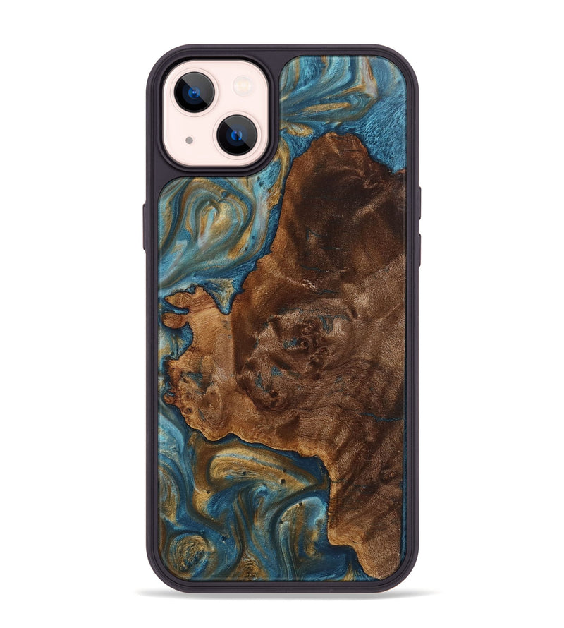 iPhone 14 Plus Wood+Resin Phone Case - Kay (Teal & Gold, 712348)