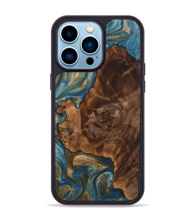 iPhone 14 Pro Max Wood+Resin Phone Case - Kay (Teal & Gold, 712348)