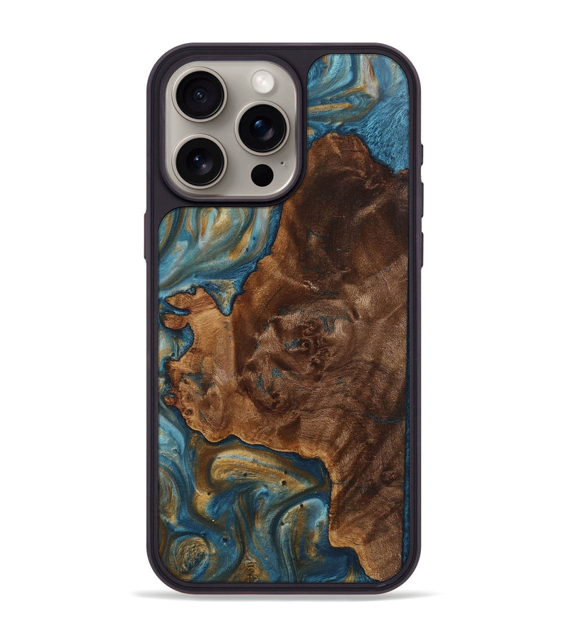 iPhone 15 Pro Max Wood+Resin Phone Case - Kay (Teal & Gold, 712348)