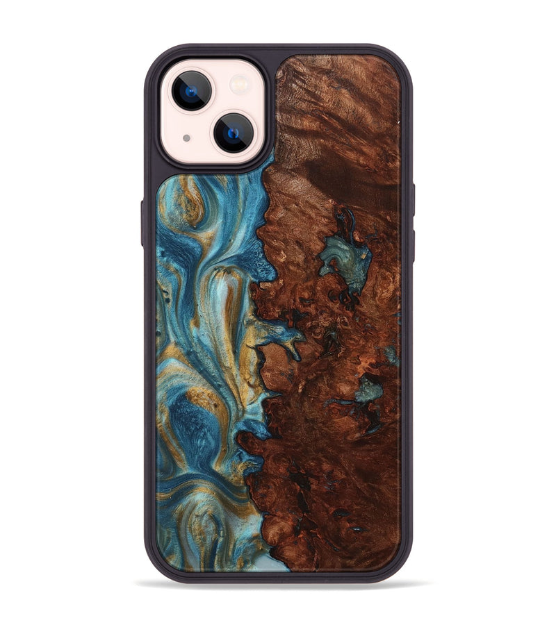 iPhone 14 Plus Wood+Resin Phone Case - Thiago (Teal & Gold, 712349)