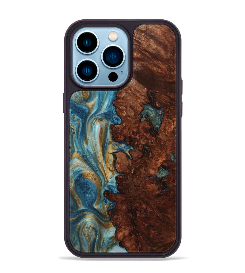 iPhone 14 Pro Max Wood+Resin Phone Case - Thiago (Teal & Gold, 712349)