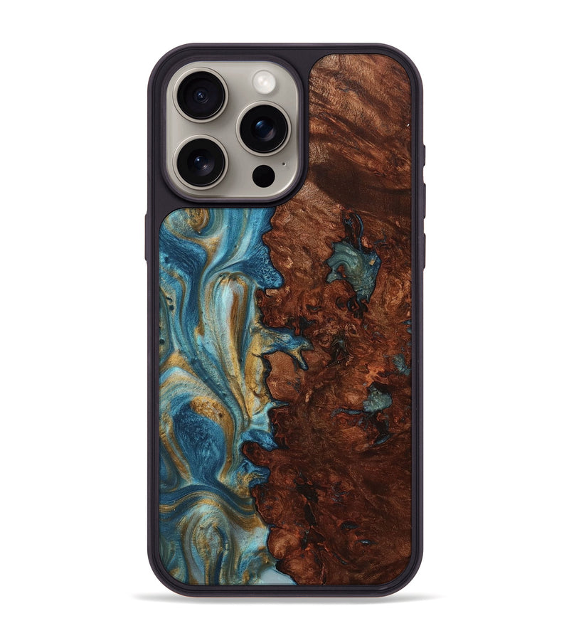 iPhone 15 Pro Max Wood+Resin Phone Case - Thiago (Teal & Gold, 712349)