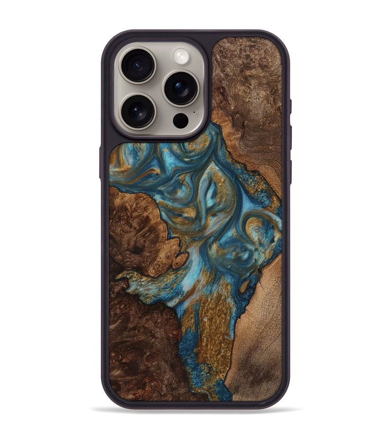 iPhone 15 Pro Max Wood+Resin Phone Case - Ora (Teal & Gold, 712395)