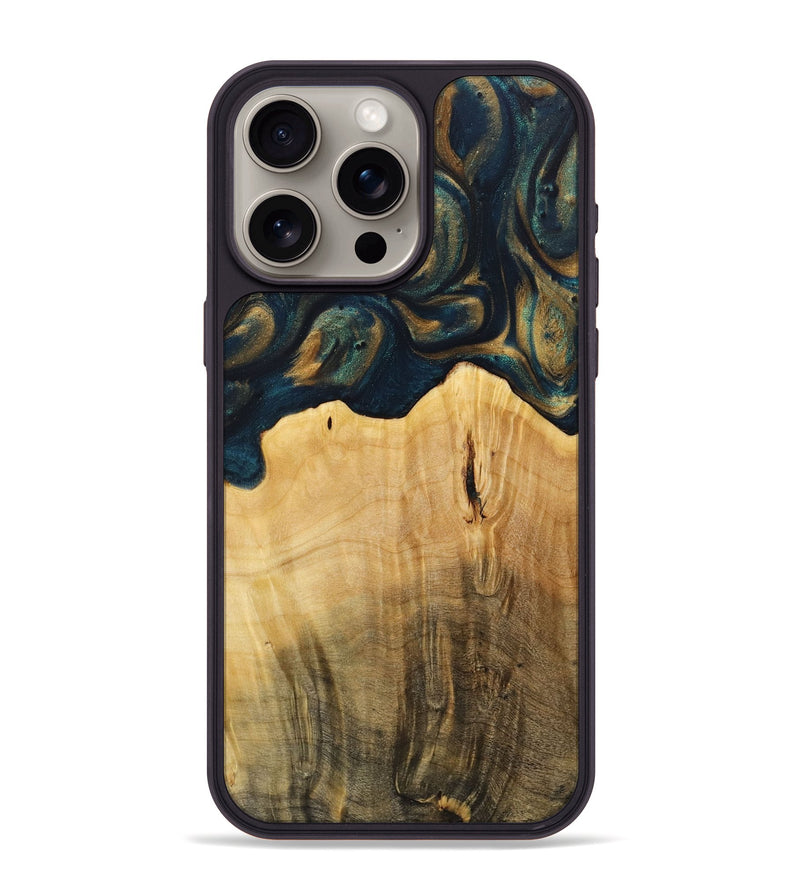 iPhone 15 Pro Max Wood+Resin Phone Case - Kellan (Teal & Gold, 712687)