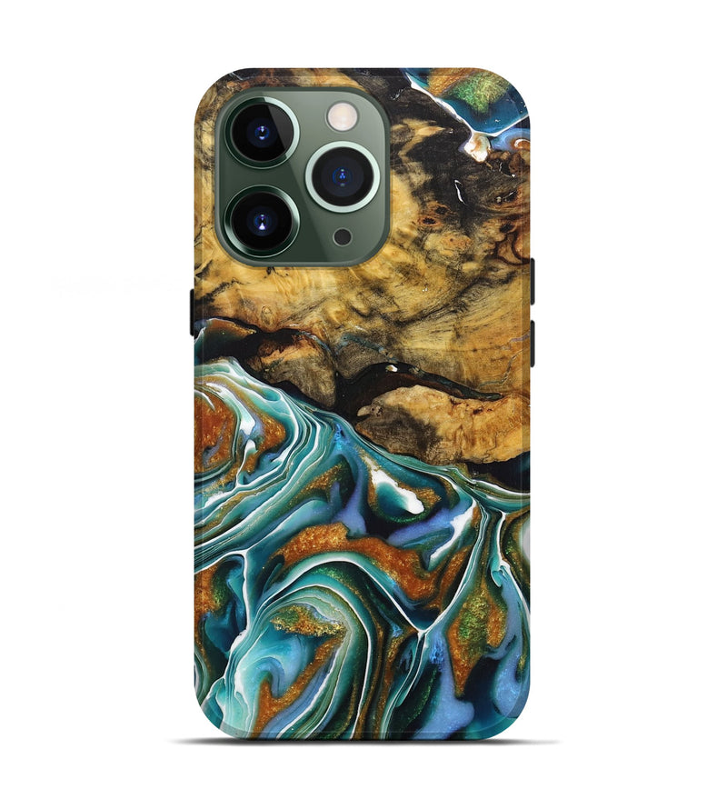 iPhone 13 Pro Wood+Resin Live Edge Phone Case - Ryker (Teal & Gold, 713053)