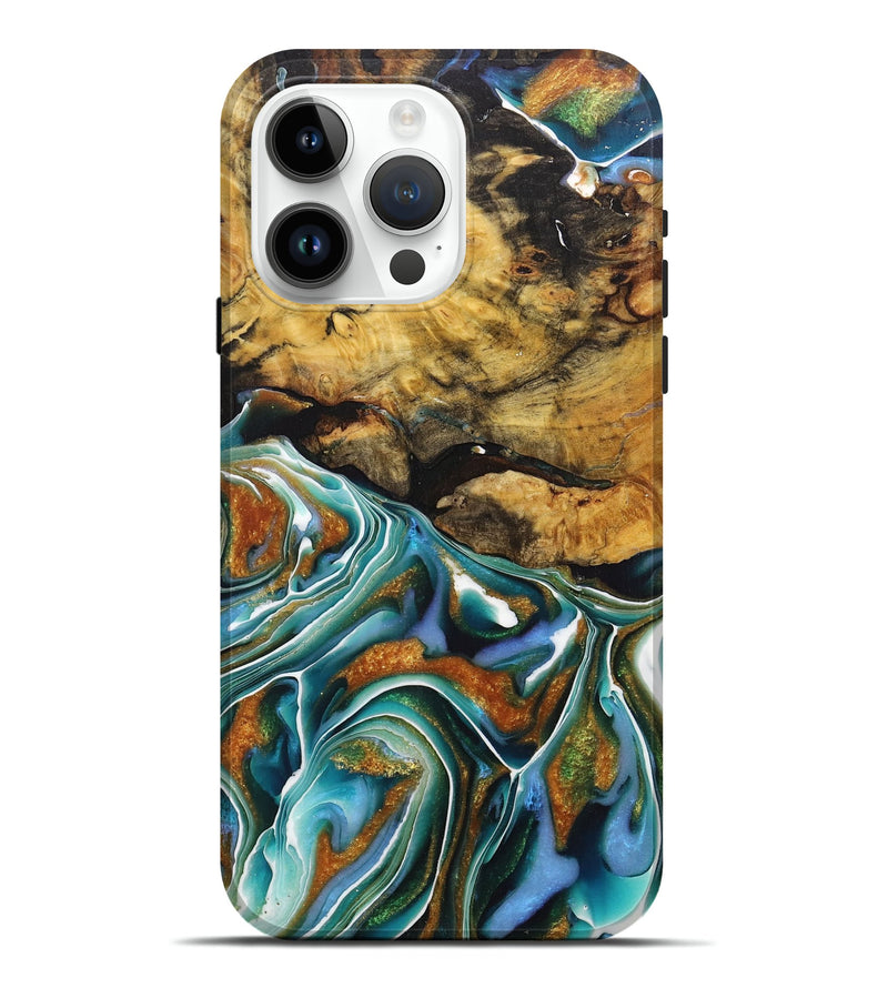 iPhone 15 Pro Max Wood+Resin Live Edge Phone Case - Ryker (Teal & Gold, 713053)