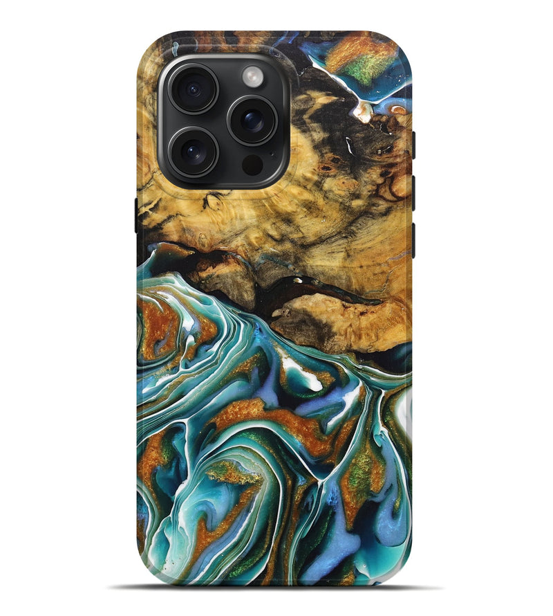 iPhone 16 Pro Max Wood+Resin Live Edge Phone Case - Ryker (Teal & Gold, 713053)