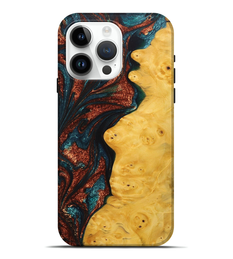 iPhone 15 Pro Max Wood+Resin Live Edge Phone Case - Caitlin (Teal & Gold, 713054)