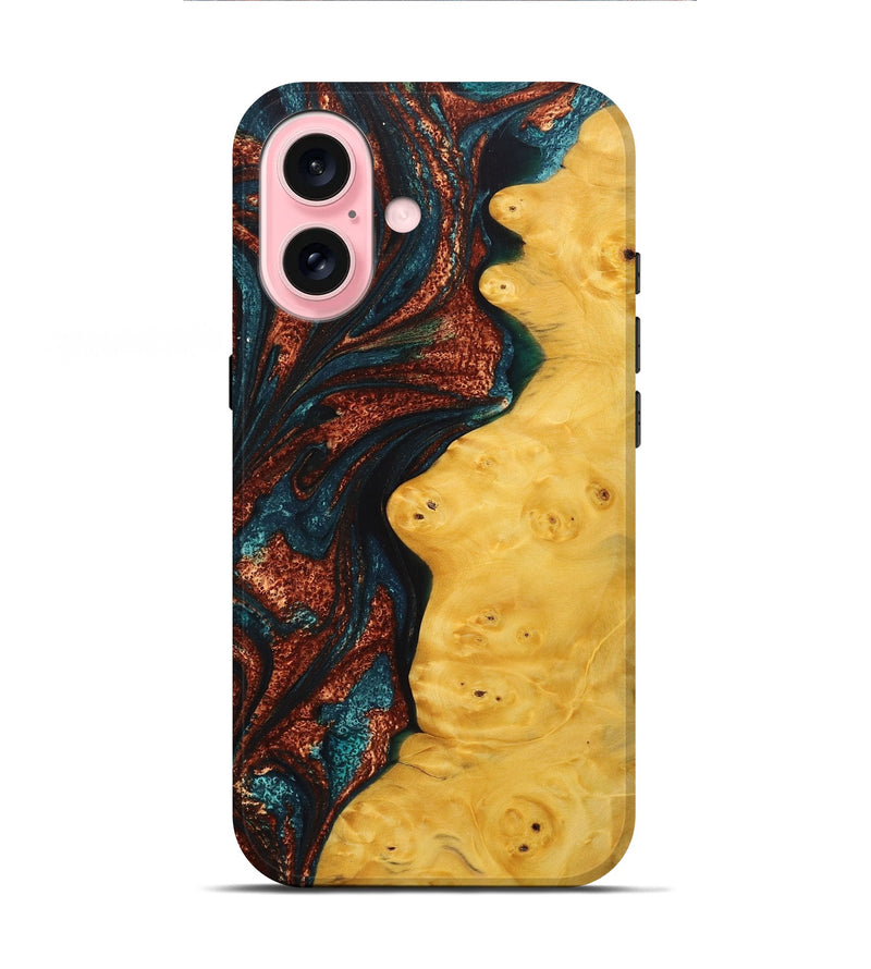 iPhone 16 Wood+Resin Live Edge Phone Case - Caitlin (Teal & Gold, 713054)