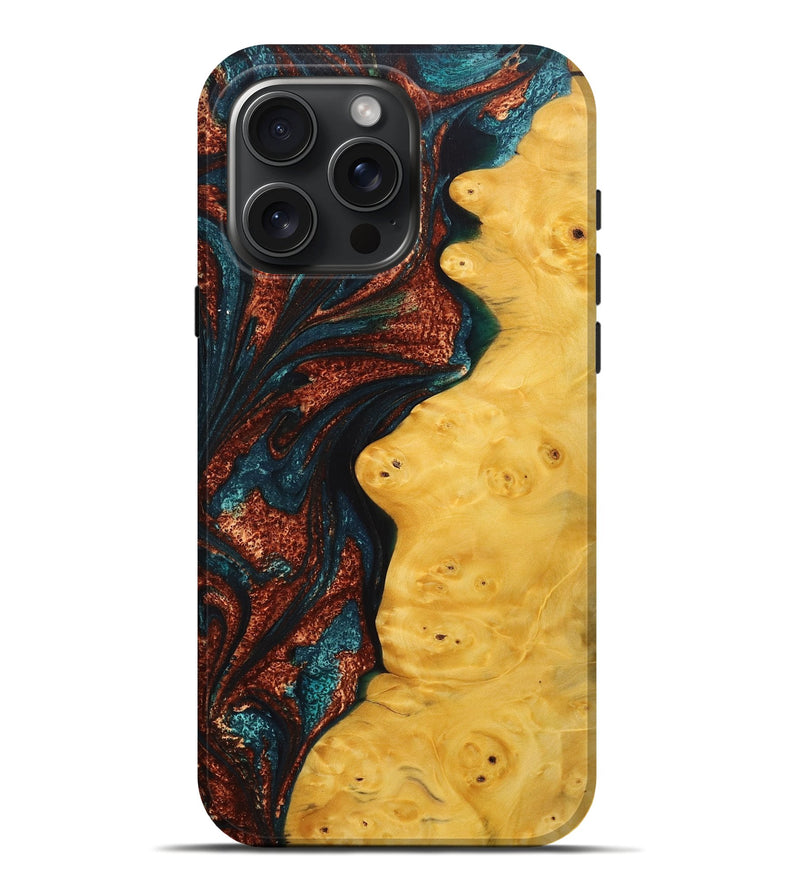 iPhone 16 Pro Max Wood+Resin Live Edge Phone Case - Caitlin (Teal & Gold, 713054)