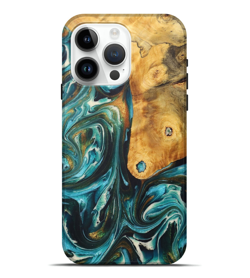 iPhone 15 Pro Max Wood+Resin Live Edge Phone Case - Colson (Teal & Gold, 713494)