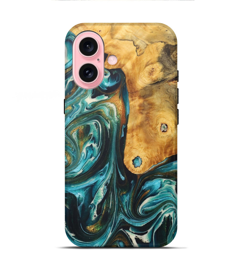 iPhone 16 Wood+Resin Live Edge Phone Case - Colson (Teal & Gold, 713494)