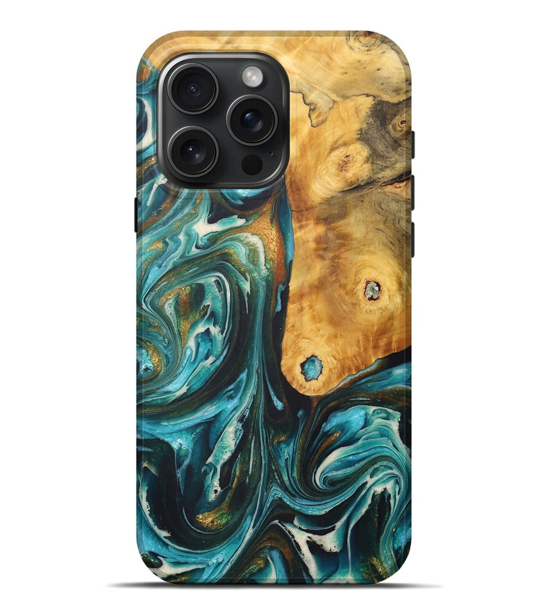 iPhone 16 Pro Max Wood+Resin Live Edge Phone Case - Colson (Teal & Gold, 713494)