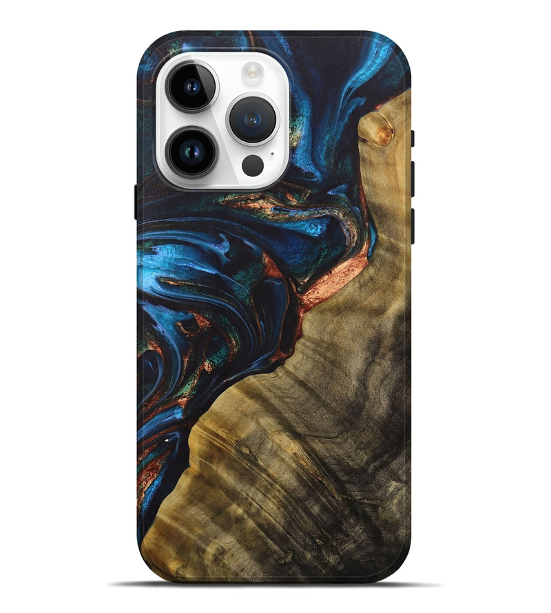 iPhone 15 Pro Max Wood+Resin Live Edge Phone Case - Julissa (Teal & Gold, 713504)