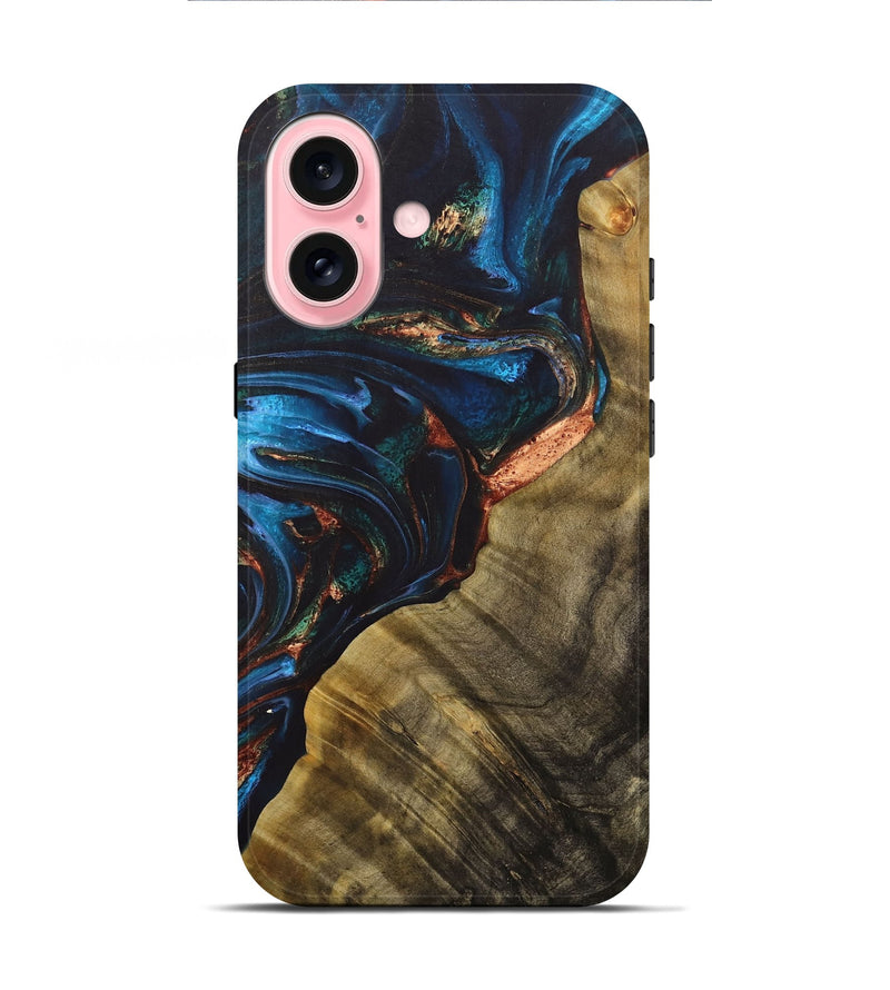 iPhone 16 Wood+Resin Live Edge Phone Case - Julissa (Teal & Gold, 713504)