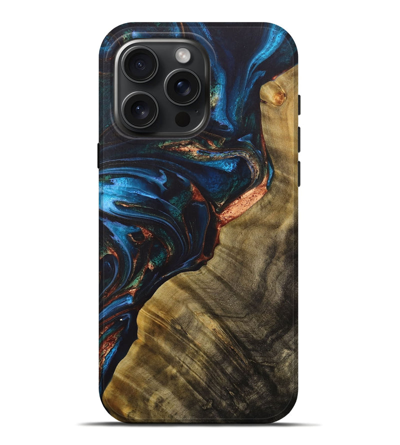 iPhone 16 Pro Max Wood+Resin Live Edge Phone Case - Julissa (Teal & Gold, 713504)