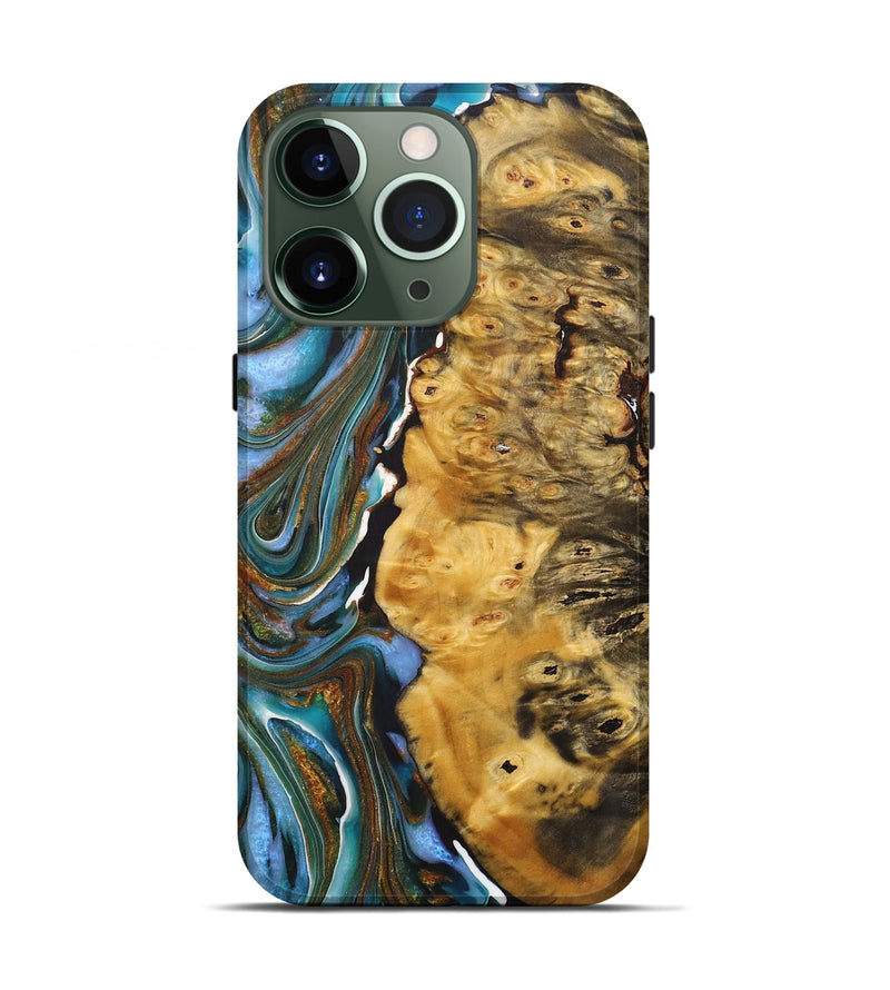 iPhone 13 Pro Wood+Resin Live Edge Phone Case - Tammy (Teal & Gold, 713506)