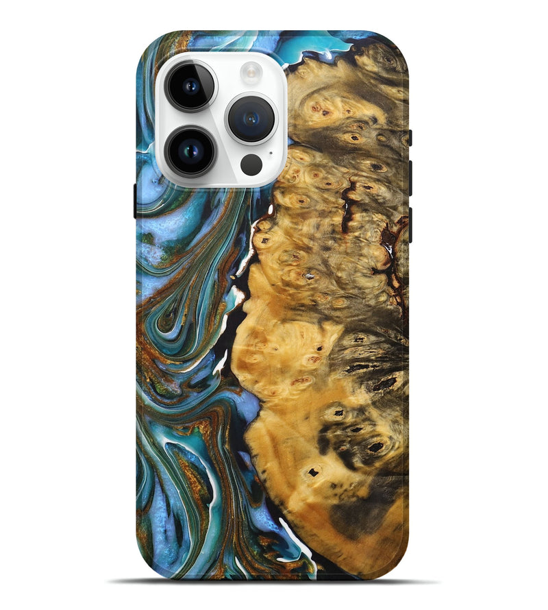 iPhone 15 Pro Max Wood+Resin Live Edge Phone Case - Tammy (Teal & Gold, 713506)