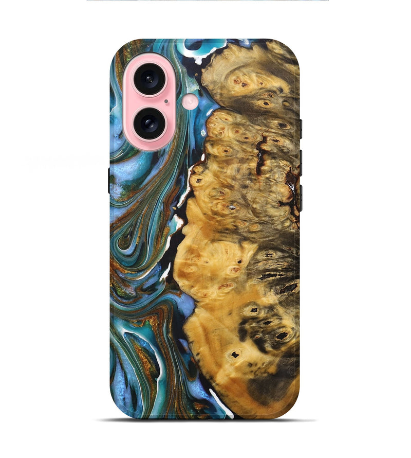 iPhone 16 Wood+Resin Live Edge Phone Case - Tammy (Teal & Gold, 713506)