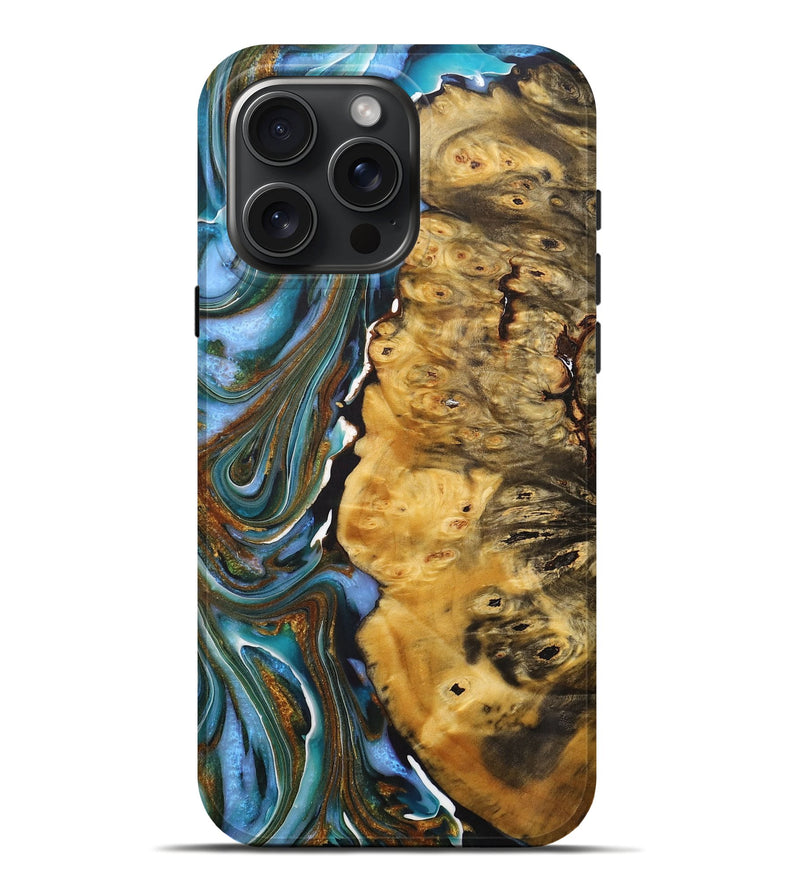 iPhone 16 Pro Max Wood+Resin Live Edge Phone Case - Tammy (Teal & Gold, 713506)