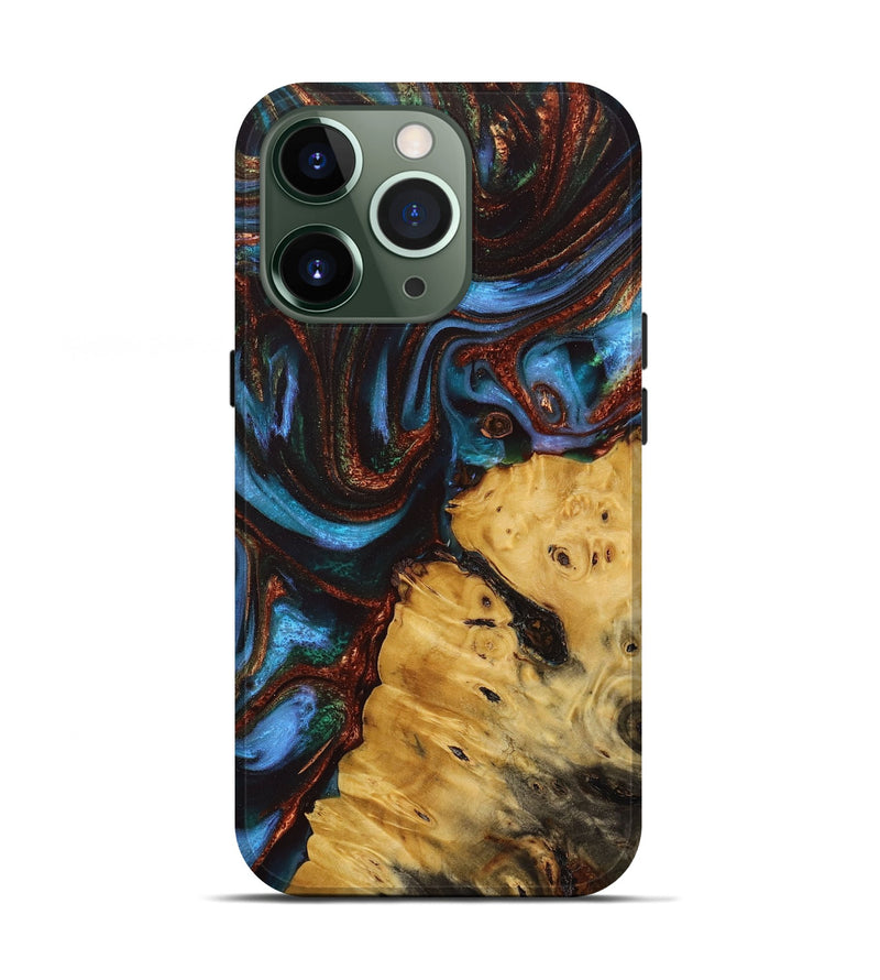 iPhone 13 Pro Wood+Resin Live Edge Phone Case - Adrienne (Teal & Gold, 713620)