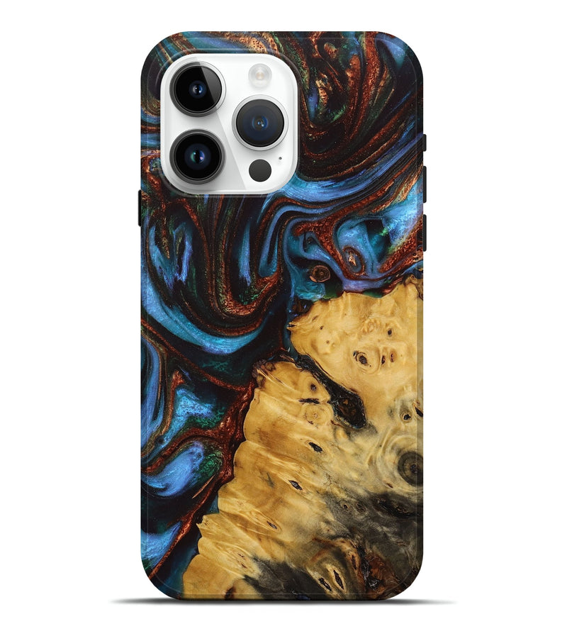 iPhone 15 Pro Max Wood+Resin Live Edge Phone Case - Adrienne (Teal & Gold, 713620)