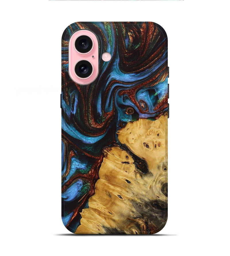 iPhone 16 Wood+Resin Live Edge Phone Case - Adrienne (Teal & Gold, 713620)