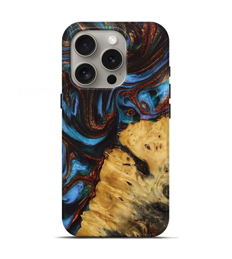 iPhone 16 Pro Wood+Resin Live Edge Phone Case - Adrienne (Teal & Gold, 713620)