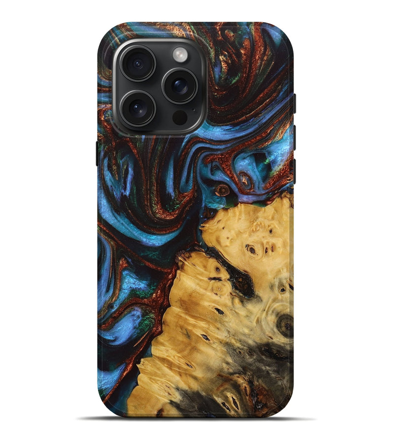 iPhone 16 Pro Max Wood+Resin Live Edge Phone Case - Adrienne (Teal & Gold, 713620)